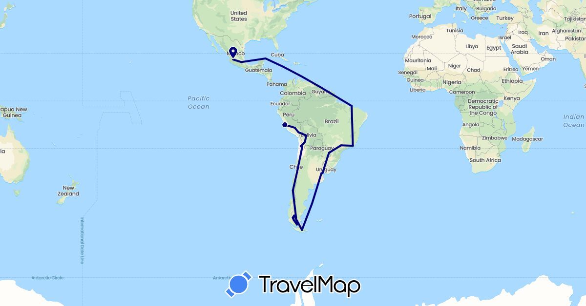 TravelMap itinerary: driving in Argentina, Bolivia, Brazil, Chile, Mexico, Peru, Uruguay (North America, South America)